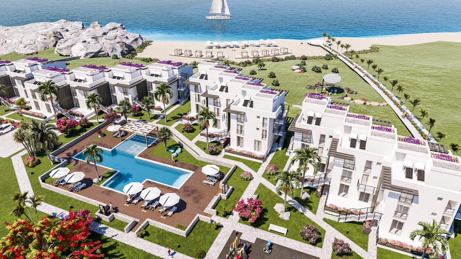 GİRNE KÜÇÜKERENKÖY BÖLGESİNDE ÖZEL PLAJA SAHİP PROJEDEN SATILIK LOFT DAİRE